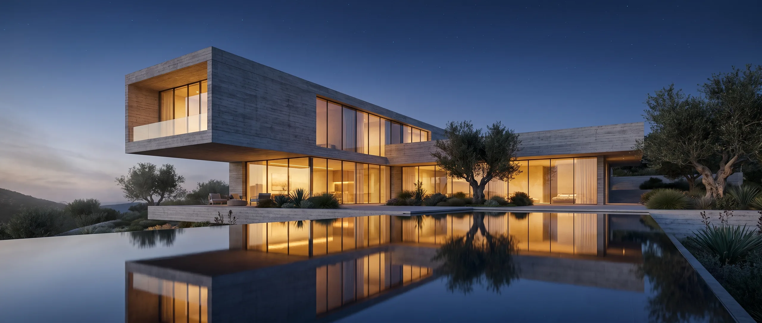 3D render of a contemporary villa at dusk, produced by Marlin Vision